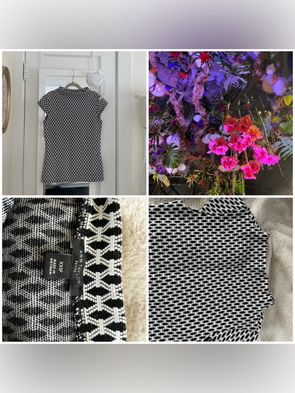 Ann Taylor Black and White Geometric Cap Sleeve Top Pettite